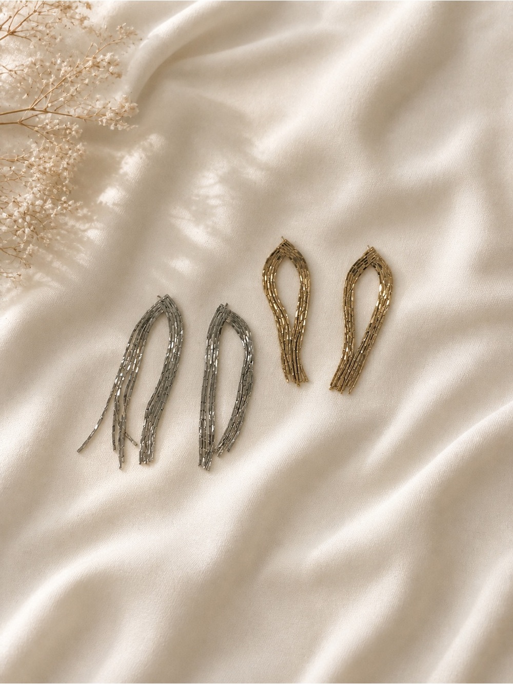 Gold and Silver Beaded Fringe Earrings - Set of 2
